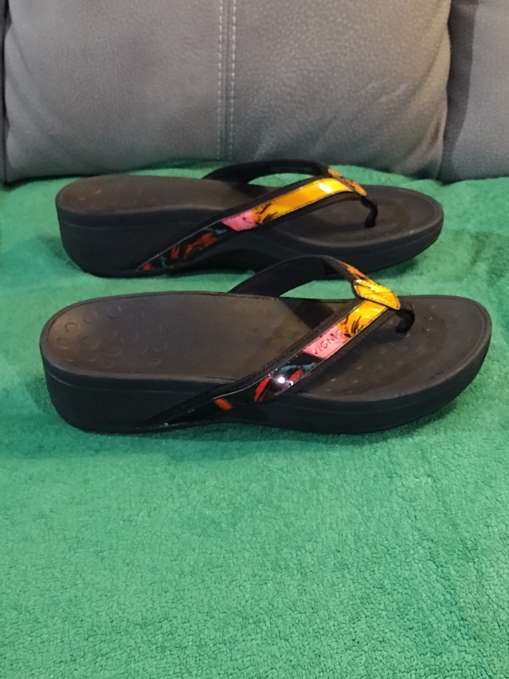 Vionic Women's Black Flip Flop Sandals with Yellow-Orange Accent - Picture 3 of 12